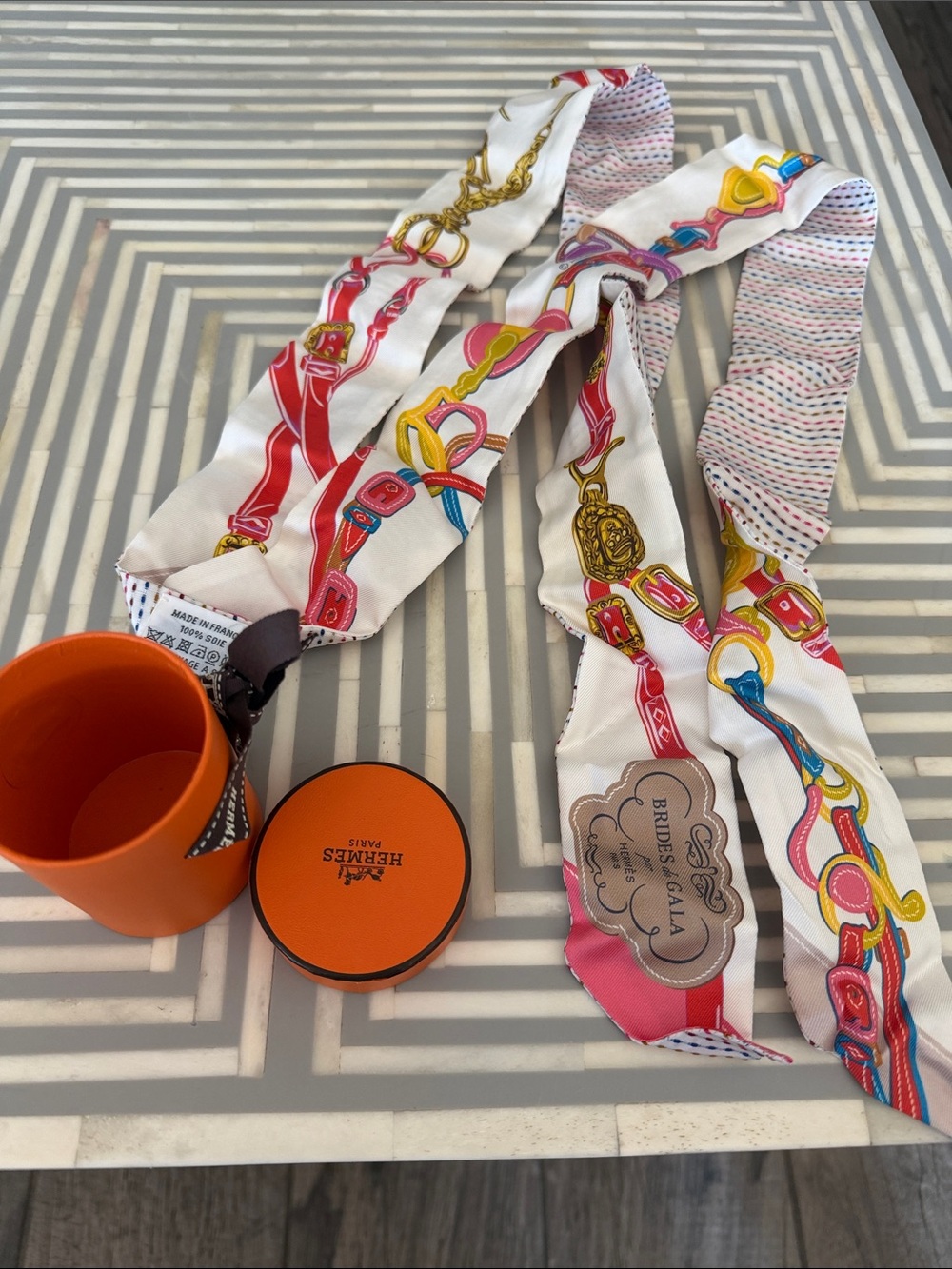 HERMES Brides of Gala White Pink Multicolor Silk Twilly Scarf